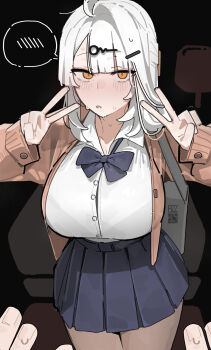 1girl alternate_costume azz0422 bag blue_skirt blush bra_visible_through_clothes breasts brown_jacket commentary double_v english_commentary highres jacket large_breasts long_hair parted_lips pov school_bag school_uniform shirt single_hair_intake skirt solo_focus sweatdrop v white_hair white_shirt yellow_eyes yixuan_(zenless_zone_zero) zenless_zone_zero