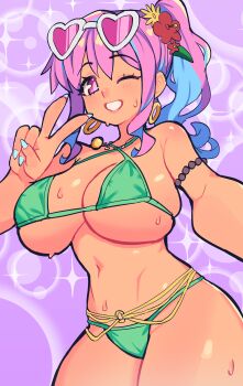 1girl absurdres belly_chain bikini blue_nails breasts earrings eyewear_on_head green_bikini heart heart-shaped_eyewear highres hozuki_kaede jewelry large_breasts long_hair nail_polish one_eye_closed onii-chan_wa_oshimai! pink_eyes pink_hair shiny_skin slammo smile solo sunglasses swimsuit teeth v