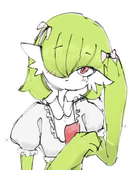 1girl alternate_hairstyle blush bow closed_mouth clothed_pokemon collared_shirt colored_skin crop_top female_focus flat_chest frilled_shirt frilled_sleeves frills gardevoir gen_3_pokemon green_hair green_skin grey_shirt hair_bow hair_over_one_eye hands_up light_blush looking_at_viewer multicolored_skin nintendo one_eye_covered pink_bow pokemon pokemon_(creature) puffy_short_sleeves puffy_sleeves red_eyes sara_(sublender1234) shirt short_hair short_sleeves simple_background sketch solo two-tone_skin upper_body white_background white_skin