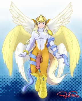 1boy angemon armored_boots blue_background boots digimon large_penis pegasmon penis smile tail takaishi_takeru wings