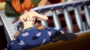 1boy 1girl alternate_costume alternate_hairstyle animated animated_gif anime_screenshot ass back backboob bikini black_bikini blue_pants breasts curvy franky_(one_piece) huge_ass large_breasts low_twintails nami_(one_piece) official_alternate_costume official_alternate_hairstyle on_floor one_piece one_piece_heart_of_gold orange_hair pants ryona shiny_skin sitting string_bikini swimsuit toei_company twintails wide_hips wind