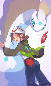 1girl :d alternate_color aurorus blue_pants blush brown_hair closed_eyes commentary_request gen_4_pokemon gen_6_pokemon green_jacket harmony_(pokemon) hat highres hug jacket nintendo open_mouth pants pokemon pokemon_(creature) pokemon_legends:_z-a print_jacket puff_of_air red_bag rotom rotom_phone shiny_pokemon smile tako_marushka teeth tongue upper_teeth_only watermark white_hat