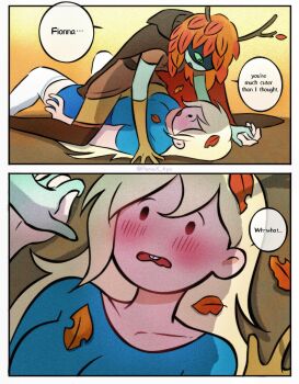 2girls adventure_time adventure_time:_fionna_and_cake artist_request blonde-haired_female blonde_hair branch_horns fionna_campbell huntress_wizard leaf leaf_on_head multiple_girls yuri