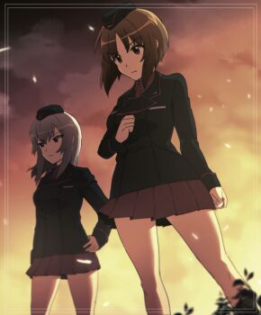 10s blonde_hair brown_eyes clenched_hand colorized commentary_request fire garrison_cap gen_5_pokemon girls_und_panzer hands_on_own_hips hat ikeshita_moyuko itsumi_erika leavanny military military_hat military_uniform miniskirt night nintendo nishizumi_miho orange_hair pokemon pokemon_(creature) short_hair skirt sparks translation_request