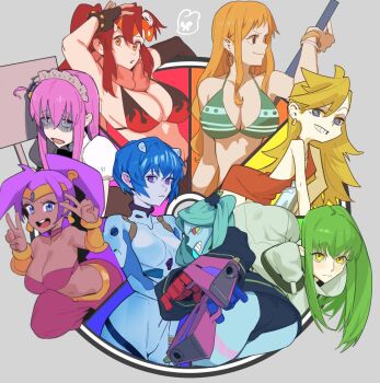 6+girls aiming all_fours aqua_hair ass ayanami_rei bangle bikini blonde_hair blue_eyes blue_hair bocchi_the_rock! bracelet breasts brown_eyes c.c. cleavage clima-tact closed_mouth code_geass collarbone color_wheel_challenge colored_sclera crossover cyberpunk_(series) cyberpunk:_edgerunners dark-skinned_female dark_skin dress gotoh_hitori green_bikini green_hair highres hong_doo jewelry large_breasts maid_headdress multiple_drawing_challenge multiple_girls nami_(one_piece) nami_(one_piece)_(return_to_sabaody) neon_genesis_evangelion one_piece open_mouth orange_hair panty_&amp;_stocking_with_garterbelt panty_(psg) pink_hair ponytail purple_eyes purple_hair rebecca_(cyberpunk) red_dress red_hair red_sclera shantae shantae_(series) small_breasts smile staff striped_bikini striped_clothes swimsuit tengen_toppa_gurren_lagann yellow_eyes yoko_littner