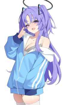 1girl absurdres bare_shoulders blue_archive blue_jacket bra breasts cleavage collarbone cowboy_shot grey_bra hair_ornament halo hand_up highres jacket long_sleeves medium_breasts off_shoulder open_mouth purple_eyes purple_hair skindentation smile solo thighhighs two_side_up underwear wh0_r_uo_o white_thighhighs yuuka_(blue_archive)
