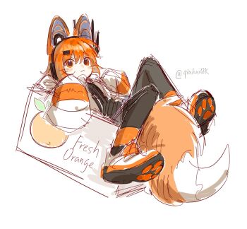 1girl a.i._voice adachi_rei animal_ear_headphones animal_ears black_pantyhose blush box closed_mouth coat commentary english_text fake_animal_ears full_body headphones in_box in_container kemonomimi_mode looking_at_viewer orange_eyes orange_hair pantyhose paw_print_soles qiukui shoes simple_background sketch sleeves_past_wrists sneakers solo symbol-only_commentary tail twitter_username utau whiskers white_background
