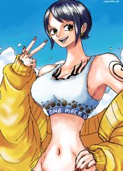 Rule 34 | 1girl, armpits, blue sky, breast tattoo, breasts, cloud, commentary, copyright name, crop top, earrings, english commentary, finger tattoo, genderswap, genderswap (mtf), hand tattoo, highres, jacket, jewelry, large breasts, midriff, namnam op, navel, one piece, open mouth, red nails, short hair, shoulder tattoo, sky, smile, solo, tattoo, trafalgar law, twitter username, yellow eyes, yellow jacket
