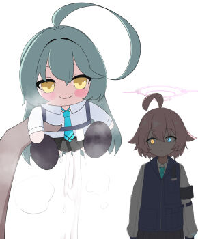 1girl absurdres ahoge aqua_hair black_skirt blue_archive blue_eyes blue_necktie blush_stickers bulletproof_vest character_doll closed_mouth cum cumdrip doll halo heterochromia highres holding holding_doll hoshino_(blue_archive) hoshino_(first_year)_(blue_archive) long_sleeves meme necktie pink_hair pink_halo pov pov_hands shirt short_hair simple_background skirt sparkle_doll_onahole_(meme) tori_komis white_background white_shirt yellow_eyes yume_(blue_archive)