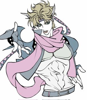 1boy abs battle_tendency belt blending blonde_hair blue_headband blue_jacket brown_lips bubble caesar_anthonio_zeppeli clamchowder55 commentary_request cropped_jacket facial_mark feather_hair_ornament feathers fingerless_gloves flat_color gloves green_eyes grey_belt grey_gloves hair_ornament headband highres jacket jojo_no_kimyou_na_bouken korean_commentary limited_palette male_focus midriff outstretched_hand pink_headband pink_scarf scarf shirt simple_background solo triangle_print white_background white_shirt