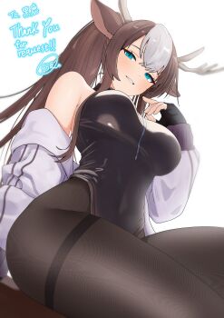 1girl absurdres akris_(deer_chang) animal_ears antlers artist_name bare_shoulders belt black_gloves black_leotard black_pantyhose blush breasts commentary_request commission commissioner_name deer_antlers deer_ears deer_girl fingerless_gloves gloves highres horns jacket large_breasts leotard long_hair looking_at_viewer multicolored_hair off_shoulder original pantyhose ponytail second-party_source sitting skeb_commission solo sora_mame_(princess_0sora) streaked_hair thank_you thigh_belt thigh_strap thighs white_background white_hair white_jacket