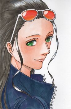 1girl black_hair closed_mouth commentary_request eyelashes eyewear_on_head hair_slicked_back high_collar highres long_hair looking_at_viewer nico_robin one_piece op_rentalaw orange-tinted_eyewear pink_lips simple_background smile solo tinted_eyewear traditional_media white_background