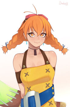 1girl aika_(eternal_arcadia) antenna_hair arms_behind_back artist_name bare_shoulders belt belt_buckle blue_belt braid breasts buckle cleavage closed_mouth collarbone commentary darahan dress earrings english_commentary eternal_arcadia aviator_goggles gloves goggles hair_between_eyes jewelry large_breasts light_smile long_hair looking_at_viewer low_twin_braids nostrils orange_eyes orange_hair simple_background solo twin_braids upper_body white_background yellow_dress