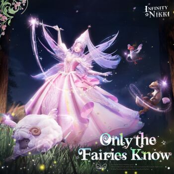 1girl 3d absurdres album_cover artist_request bare_shoulders beretsant_(infinity_nikki) casting_spell closed_eyes closed_mouth cloud commentary copyright_logo cover detached_sleeves dress enchanted_encounter_(infinity_nikki) english_commentary english_text eyelashes eyeshadow fairy fairy_wings fireflies floating_clothes frilled_dress frilled_headwear frills full_body gloves gown grass happy hat hat_ornament hexagram highres holding holding_wand in-universe_location infinity_nikki lace lace_gloves light_particles lipstick logo long_dress long_hair magic makeup night nikki_(series) official_art outdoors pink_dress pink_eyeshadow pink_gloves pink_hair pink_hat pink_sleeves pink_veil pink_wings pleated_dress pleated_sleeves princess print_dress red_lips second-party_source see-through_clothes see-through_veil sheep short_sleeves smile solo sparkle star_(symbol) star_hat_ornament star_print star_wand strapless strapless_dress suspenders_weasel_(infinity_nikki) title tree veil very_long_hair wand wavy_hair winged_animal wings