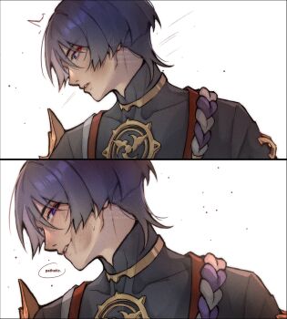 Rule 34 | 1boy, ^^^, bishounen, biting own lip, black bodysuit, black hair, black kimono, blunt ends, blush, bodysuit, covered collarbone, english text, genshin impact, gold, highres, ichomint, japanese clothes, jewelry, juban, kimono, looking at viewer, looking to the side, male focus, mandarin collar, meme, meme request, mitsudomoe (shape), motion lines, neck ring, open clothes, open kimono, purple eyes, purple rope, red kimono, rope, scaramouche (genshin impact), shimenawa, sideways mouth, signature, single sode, slap mark, slap mark on face, solo, speech bubble, split screen, surprised, teeth, tomoe (symbol), tsurime, twitter username, watermark, white kimono, white rope