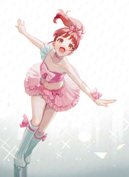 1girl :d asymmetrical_sleeves bare_arms bow choker cropped_shirt detached_sleeves dot_nose frilled_choker frilled_skirt frills hand_up happy harune_aira highres ice_skates ice_skating legs_together long_hair midriff miniskirt navel open_mouth outstretched_arms pink_bow pink_choker pink_ribbon pink_shirt pink_skirt ponytail pretty_rhythm pretty_rhythm_aurora_dream pretty_series red_eyes red_hair ribbon shirt shirt_bow single_bare_shoulder skates skating skirt sleeveless sleeveless_shirt smile solo spread_arms straight_hair uruu_akua wrist_ribbon