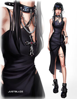 1girl absurdres alternate_costume artist_name bare_shoulders black_boots black_dress black_hair black_nails boots bracelet breasts chain chain_necklace choker closed_mouth clothing_cutout cross cross_necklace dress flower full_body goth_fashion hair_between_eyes hair_flower hair_ornament highres jewelry justb1aze long_dress long_hair medium_breasts multiple_necklaces nail_polish necklace red_eyes ring side_slit sidelocks silver_hairband sleeveless sleeveless_dress solo spiked_choker spikes spy_x_family white_background yor_briar