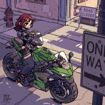1girl artist_logo belt black_helmet black_leotard black_shorts black_thighhighs bright_pupils brown_eyes brown_hair buckle dated elbow_pads fire_hydrant helmet highres holding holding_unworn_helmet kawasaki_(company) kawasaki_ninja_400r leotard logo motor_vehicle motorcycle motorcycle_helmet necosuke one_way_sign original road road_closed_sign road_sign shadow shoes short_shorts shorts shoulder_pads sidewalk sign solo sport_motorcycle street thighhighs unworn_headwear unworn_helmet white_pupils zipper