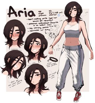 1girl aria_(roresu) black_hair blush bracelet breasts brown_hair character_age character_name character_pronouns earrings hair_between_eyes height highres jewelry medium_breasts medium_hair midriff mole mole_under_eye navel original pants reference_sheet roresu shoes sneakers solo sweatpants transgender_flag