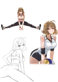 1girl absurdres ahoge anis_(nikke) ball bare_shoulders black_pants black_shorts bllustration blush bra breasts brown_hair cat_hair_ornament cleavage closed_mouth collarbone cropped_legs from_behind goddess_of_victory:_nikke grey_bra hair_between_eyes hair_ornament highres holding holding_ball invisible_chair invisible_floor jersey large_breasts leaning_forward looking_at_viewer multiple_views orange_eyes pants partially_colored shoes short_hair short_shorts shorts simple_background sitting sleeveless smile sneakers sportswear stretching sweat underwear volleyball volleyball_uniform white_background white_shoes