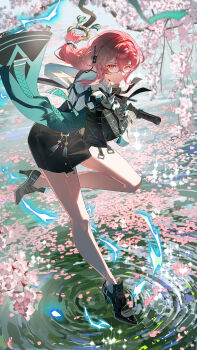 1girl absurdres armor black-framed_eyewear black_footwear black_gloves cherry_blossoms closed_mouth collared_shirt commentary_request day drawing_sword earpiece falling_petals fighting_stance from_above glasses gloves guaisanmu hair_lift high-waist_skirt high_heels highres holding holding_sword holding_weapon japanese_armor long_hair outdoors pencil_skirt petals pink_eyes pink_hair ripples semi-rimless_eyewear shirt shoulder_armor single_sode skirt sode solo sword tassel tsukishiro_yanagi water weapon white_shirt zenless_zone_zero