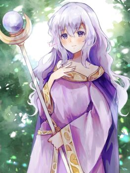 1girl blush closed_mouth commentary_request deirdre_(fire_emblem) dress eyelashes fire_emblem fire_emblem:_genealogy_of_the_holy_war forest hair_between_eyes highres holding holding_staff long_hair looking_at_viewer minatsuki_yurara nature nintendo purple_dress purple_eyes purple_hair smile solo staff standing wavy_hair wide_sleeves