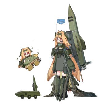 1girl absurdres ballistic_missile breasts broken_arrow_(game) chibi chibi_inset corn flag_patch frider glasses grid_fins headband headset highres long_hair mecha_musume medium_breasts military_vehicle missile missile_launcher missile_vehicle orange_hair original otr-21_tochka-u personification red_eyes russian_flag russian_ground_forces surface-to-surface_missile tachi-e thighhighs transporter_erector_launcher vehicle_and_personification very_long_hair zettai_ryouiki
