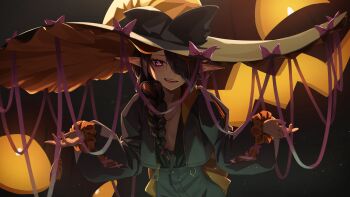 1girl black_hair braid flat_chest hat highres kis_sako long_hair looking_at_viewer multicolored_hair original pointy_ears single_braid solo two-tone_hair witch witch_hat