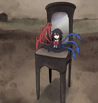 1girl asymmetrical_wings black_dress black_eyes black_hair blue_wings bow bowtie brown_background chair closed_mouth commentary_request dress empty_eyes expressionless fine_art_parody hair_between_eyes highres houjuu_nue medium_hair on_chair parody red_bow red_bowtie red_wings siw0n solo surreal touhou untitled_(zdzislaw_beksinski) wings