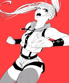 1girl abs breasts clenched_hand commentary_request crop_top cropped_hoodie earrings greyscale_with_colored_background highres hood hoodie jewelry lee_(dragon_garou) medium_breasts open_mouth original punching red_background shorts sleeveless sleeveless_hoodie solo suspender_shorts suspenders thighhighs toned toned_female twintails v-shaped_eyebrows wristband