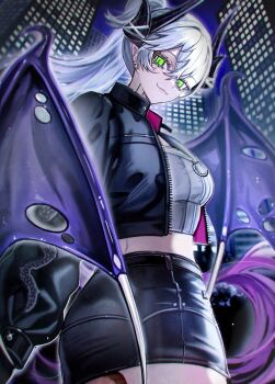 1girl bat_wings black_jacket breasts cityscape commentary_request demon_horns diandao_qin earrings fate/grand_order fate_(series) gradient_hair green_eyes highres horns jacket jewelry lilith_(fate) lilith_(over_the_same_sky)_(fate) long_hair looking_at_viewer medium_breasts midriff multicolored_hair open_clothes open_jacket pencil_skirt pink_hair ponytail skirt solo white_hair wings