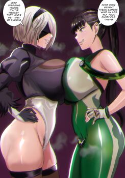 2b_(nier:automata) 2girls absurdres alternate_breast_size_(larger) android bare_shoulders black_hair black_thighhighs blindfold breast_press breasts breasts_squeezed_together brown_eyes crossover english_text eve_(stellar_blade) female_focus grey_hair hairband hands_on_own_hips highleg highleg_leotard highres huge_breasts impossible_clothes juuka leotard medium_hair mole mole_under_mouth multiple_girls nier:automata nier_(series) planet_diving_suit_(7th)_(stellar_blade) ponytail shiny_skin skin_tight speech_bubble stellar_blade symmetrical_docking thighhighs thighs trait_connection