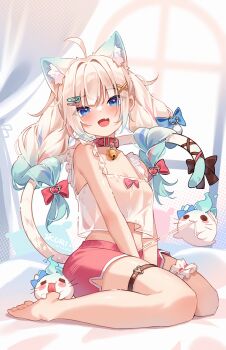 1girl ahoge animal_ear_fluff animal_ears barefoot bell between_legs blue_eyes blurry blurry_background bow braid breasts camisole cat_ears cat_girl cat_tail cleavage collar commentary crop_top dolphin_shorts english_commentary frilled_thigh_strap full_body gradient_hair green_hair hand_between_legs heart heart_o-ring highres indie_virtual_youtuber indoors kuri_(animejpholic) looking_at_viewer low_twin_braids midriff mint_fantome mint_fantome_(otaku) multicolored_hair neck_bell o-ring official_alternate_costume official_alternate_hairstyle pink_collar pink_shorts seiza shorts sitting small_breasts solo tail tail_bow tail_ornament thigh_strap twin_braids virtual_youtuber white_camisole white_hair wisps_(mint_fantome)