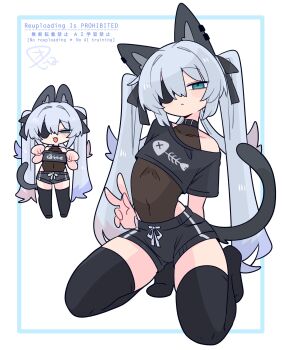 1boy :3 animal_ear_fluff animal_ear_piercing animal_ears arm_behind_back black_bodystocking black_bow black_choker black_shirt black_shorts black_thighhighs blue_eyes bodystocking bow bulge cat_boy cat_ears cat_tail choker closed_mouth collarbone commentary covered_navel cropped_shirt crossdressing crossdressing_(mtf) eyepatch fish_skeleton fish_skeleton_print flipped_hair frown full_body grey_tail hair_between_eyes hair_bow hair_intakes highres kneeling long_hair looking_at_viewer male_focus multiple_views narrowed_eyes no_nose one_eye_covered op_na_yarou open_mouth original paw_pose print_shirt raised_eyebrows rigel_(op_na_yarou) shirt short_shorts short_sleeves shorts sidelocks simple_background single_bare_shoulder single_off_shoulder standing straight_hair tail thighhighs thighs trap v very_long_hair watermark white_background white_hair