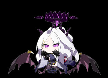 1girl ahoge armband black_coat black_halo black_thighhighs blue_archive chibi coat coat_on_shoulders demon_girl demon_horns demon_wings full_body halo hideinroom hina_(blue_archive) horns long_hair looking_at_viewer low_wings purple_eyes red_armband simple_background solo standing thighhighs thighs very_long_hair white_hair wings