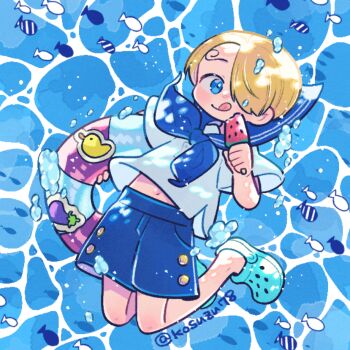 1boy aged_down bird blonde_hair blue_hair blue_sailor_collar blue_shorts blush commentary_request crocs curly_eyebrows duck eggplant fish food hair_over_one_eye innertube male_focus mitsubachi_koucha one_piece popsicle sailor_collar sanji_(one_piece) shirt short_hair short_sleeves shorts sticker swim_ring tongue tongue_out twitter_username underwater watermelon_bar white_shirt