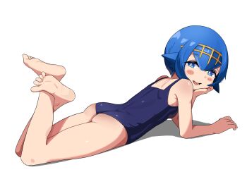 1girl absurdres ass bare_legs bare_shoulders barefoot blue_eyes blue_hair blue_one-piece_swimsuit blush emptiy female_focus highres lana_(pokemon) loli looking_at_viewer lying nintendo on_stomach one-piece_swimsuit open_mouth pokemon pokemon_sm shadow short_hair soles solo swimsuit toes white_background