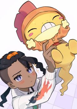 +_+ 1boy absurdres arms_up black_hair blush closed_mouth clothed_pokemon commentary_request furukawa_raku gen_5_pokemon highres holding holding_pokemon jacket long_hair long_sleeves looking_up male_focus naveen_(pokemon) nintendo pokemon pokemon_(creature) pokemon_legends:_z-a scraggy sparkle undercut white_jacket