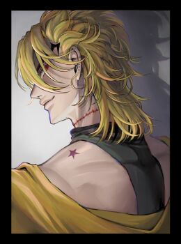 1boy birthmark black_border blonde_hair border dio_brando earrings from_behind highres hoop_earrings jewelry joestar_birthmark jojo_no_kimyou_na_bouken komiya_harumoto looking_back male_focus medium_hair off_shoulder red_eyes scar scar_on_neck shadow shirt sleeveless sleeveless_shirt smile solo stardust_crusaders