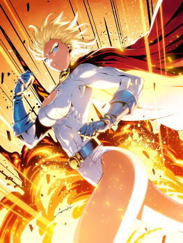 1girl absurdres artist_name belt blonde_hair blue_belt blue_eyes blue_gloves breasts bright_pupils cape cleavage_cutout clenched_hand clothing_cutout dc_comics explosion gloves godtail highres large_breasts leotard medium_hair overexposure power_girl red_cape sleeved_leotard solo superhero_costume white_leotard white_pupils