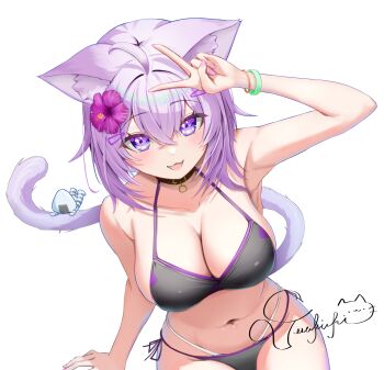 ahoge animal_ears arm_up armpits bare_arms bare_shoulders bikini black_choker blush bracelet breasts cat_ears cat_girl cat_tail choker cleavage collarbone commentary_request fingernails flower highres hololive holonatsu_paradise jewelry large_breasts long_hair nail_polish navel nekomata_okayu onigirya_(nekomata_okayu) open_mouth purple_eyes purple_flower purple_hair purple_nails side-tie_bikini_bottom signature simple_background smile stomach swimsuit tail torakichi_888 v virtual_youtuber white_background
