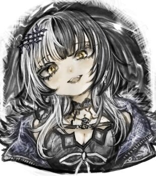 1girl black_choker black_coat black_dress black_hair breasts choker cleavage coat dress fur-trimmed_coat fur_trim hololive hololive_english long_hair looking_at_viewer medium_breasts multicolored_hair open_mouth ribbon shiori_novella shiori_novella_(1st_costume) solo split-color_hair tsukihi_shida two-tone_hair virtual_youtuber white_hair white_ribbon yellow_eyes