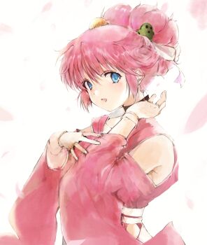 1girl blue_eyes blush character_hair_ornament fingerless_gloves gloves hair_ornament hanny highres japanese_clothes kimono looking_at_viewer open_mouth petals pink_hair pink_kimono rance_(series) sengoku_rance sill_plain smile solo tsutsugano updo upper_body