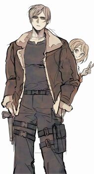 1boy 1girl ashley_graham black_pants black_shirt blonde_hair brown_jacket closed_mouth fur-trimmed_jacket fur_trim hands_in_pockets highres holster jacket leon_s._kennedy light_smile nul pants resident_evil resident_evil_4 shirt short_hair sketch swept_bangs thigh_holster v white_background