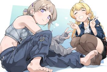 2girls ahoge barefoot blonde_hair blush closed_eyes commentary_request denim double_v earrings feet highres jacket jeans jewelry long_hair looking_at_viewer multiple_girls original pants purple_eyes sitting smile soles toes v w yume_makurya