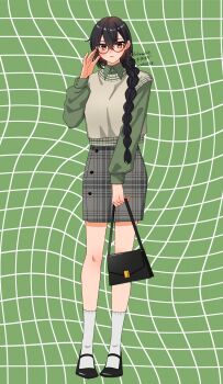 1girl alternate_costume alternate_hairstyle bag bespectacled black_hair black_shoes blush braid breasts collared_shirt commentary_request dated eyelashes full_body glasses green_background green_shirt grey_skirt grid_background hair_between_eyes hair_over_shoulder highres kantai_collection long_hair long_sleeves machi_(ritovoyage) nagato_(kancolle) plaid_clothes plaid_skirt red_eyes shirt shoes single_braid skirt socks solo standing sweater_vest twitter_username white_socks