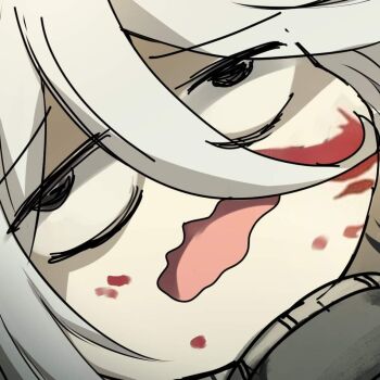 1girl ataririri blood blood_on_face bocchi_the_rock! chibi close-up gotoh_hitori grey_eyes grey_hair gundam gundam_suisei_no_majo hair_between_eyes long_hair miorine_rembran open_mouth parody scene_reference solo spacesuit spoilers swept_bangs