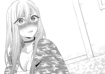 Rule 34 | 1girl, blush, breasts, camouflage, camouflage jacket, choker, cleavage, collarbone, embarrassed, eyelashes, fukuda shinichi, gyaru, indoors, jacket, kitagawa marin, long hair, monochrome, official art, parted lips, solo, sono bisque doll wa koi wo suru, sweat, sweatdrop, third-party source, train, train interior, window