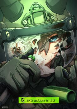 Rule 34 | 1girl, absurdres, artist name, assault visor, blood on helmet, blue eyes, brown hair, combat helmet, crack, cracked glass, cracked visor, epakim, escape from tarkov, facial scar, gloves, green gloves, hashtag-only commentary, helmet, highres, holding, holding syringe, lamia (epakim), looking at viewer, original, scar, scar on cheek, scar on face, simple background, solo, syringe, twitter username, user interface