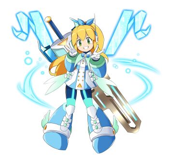 absurdres armor armored_boots blonde_hair blue_ribbon blue_scarf bodysuit boots dress earphones gloves greatsword green_eyes hair_ribbon hairband highres knee_boots knee_pads long_hair looking_at_viewer m11xgirby mega_man_(series) mega_man_x_(series) mega_man_x_dive neck_ribbon phone ponytail ribbon roll_(mega_man) scarf short_dress sidelocks smile sword v weapon white_gloves winged_boots